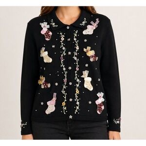 Victoria Jones Cardigan Black Christmas Stocking Beaded Embroidered XL